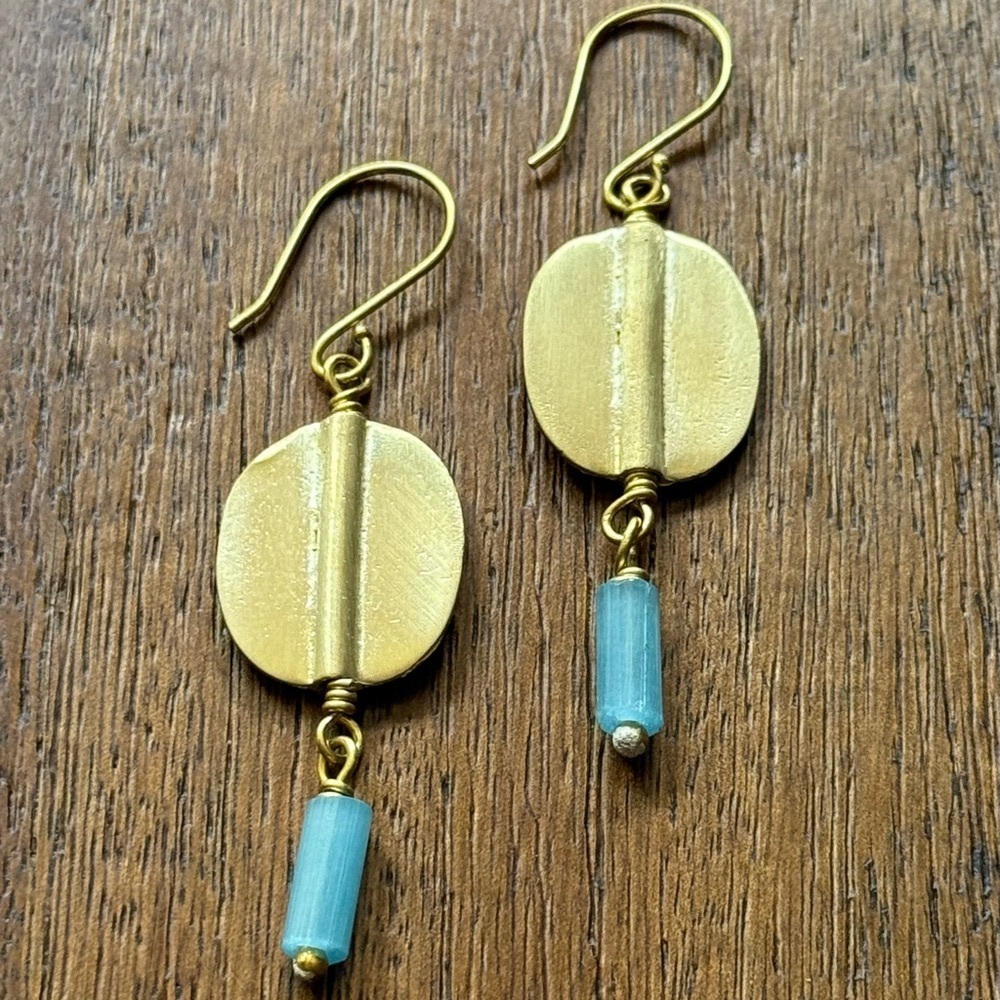 NWT Gorgeous Brass with Glass Teal Bead Dangle Earrings! Handcrafted!